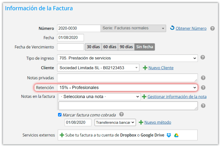 Factura de anticipo - cómo hacer constar la retención de IRPF