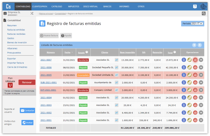 Registro de facturas emitidas